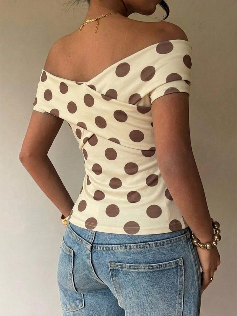 Multicolor Casual Women's Off-Shoulder Bodycon Polka Dot Print T-Shirt - Picture 2 of 6